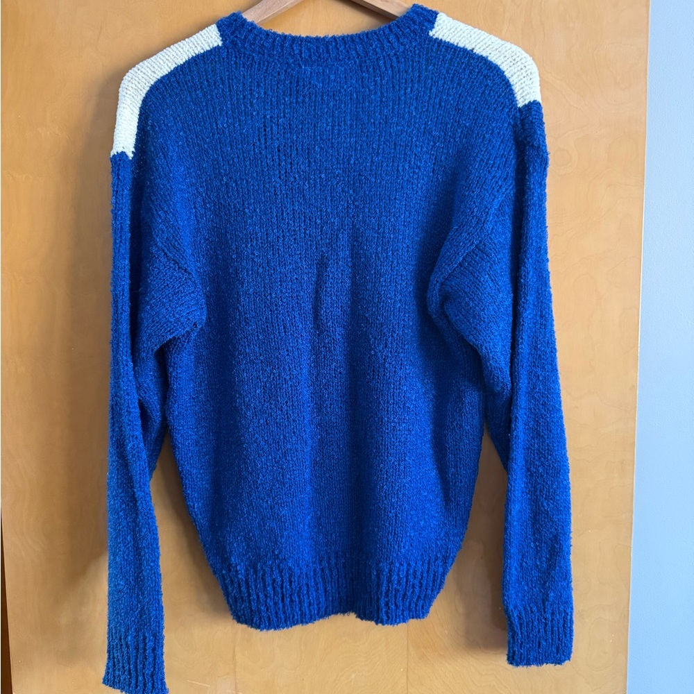 Vintage 90s Geometric Knit Sweater Blue White Retro Cabin Ski Style Small - Picture 2 of 3